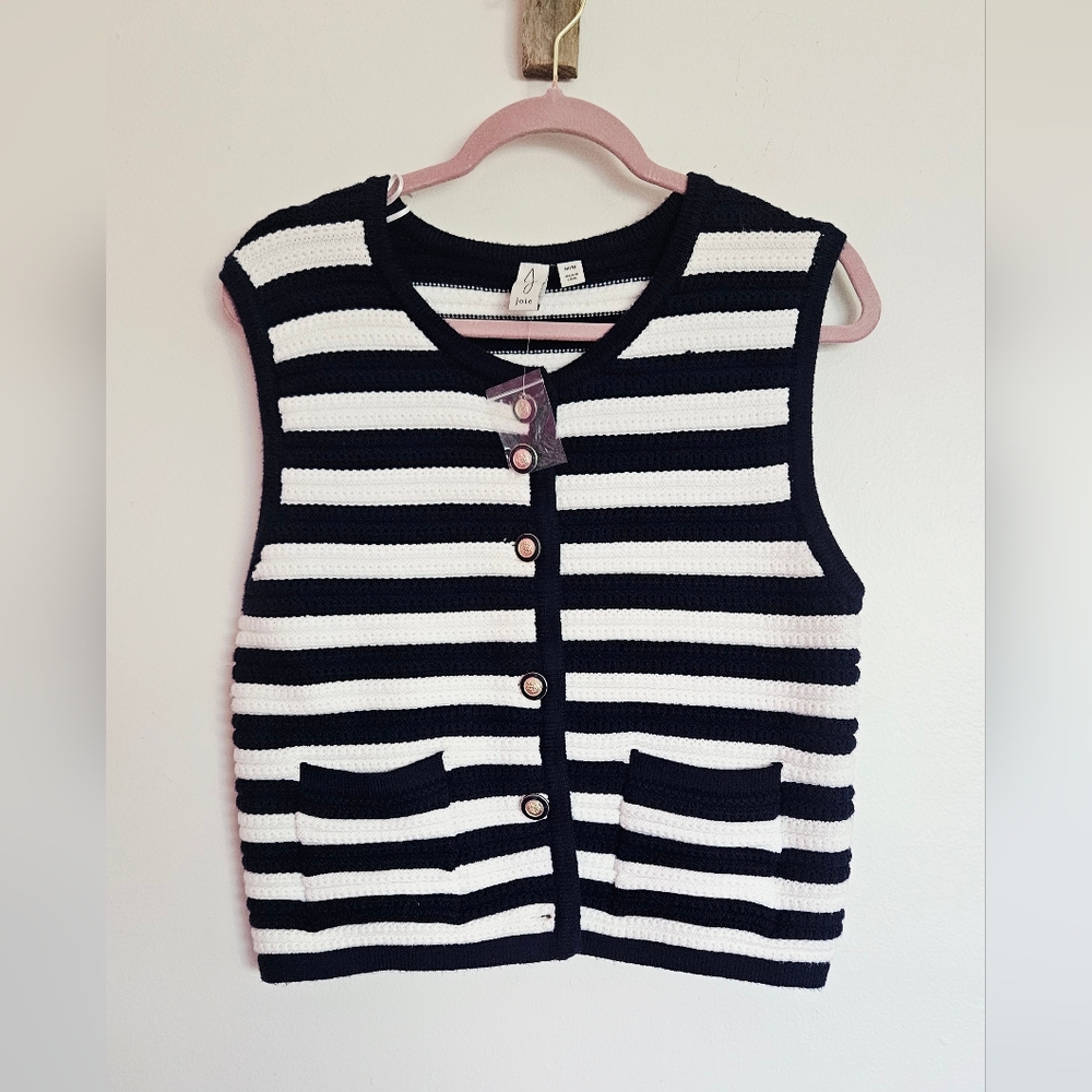 New Joie Navy Blue Striped Knit Vest top with Golden Buttons Size M